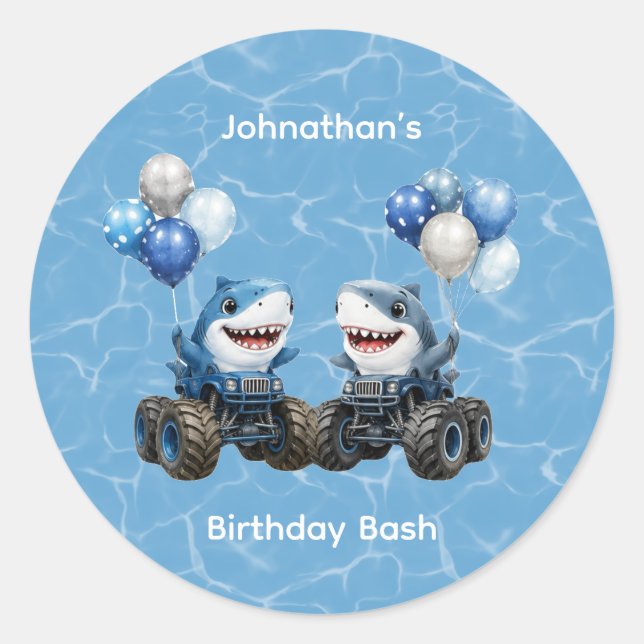 Sticker Rond Anniversaire Thème Camion Monstre Requin (Devant)