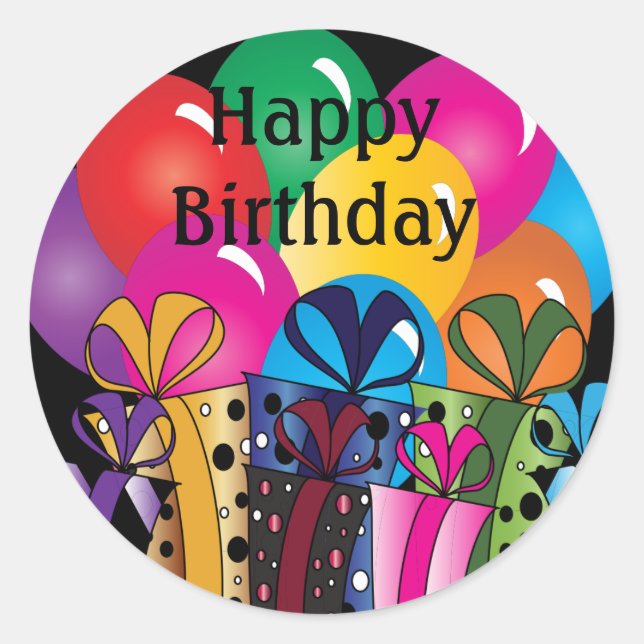 Sticker Rond Anniversaire très heureux | Ballons et cadeaux col (Devant)
