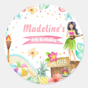 Sticker Rond Anniversaire Tropical Luau Hawaïen Pastel Fête au 