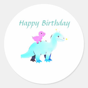 Sticker Rond Annonce d'anniversaire de dinosaure bleu bleu vert