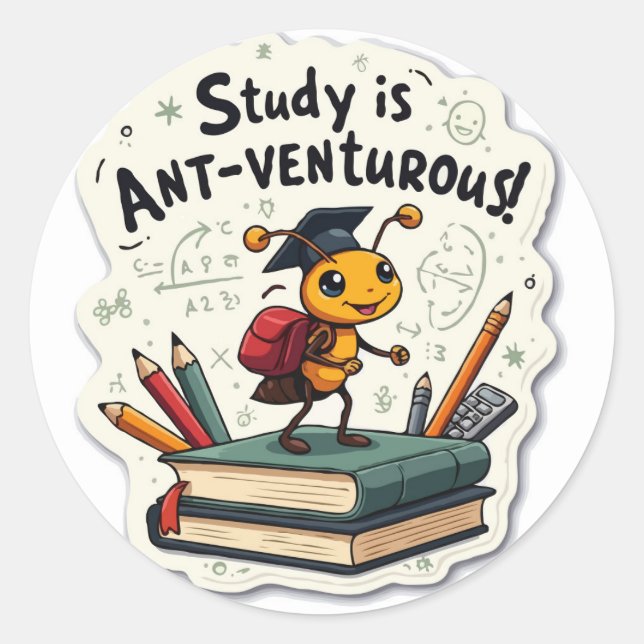 Sticker Rond Ant 'Ant-venturous' Pun Die-Cut Motivationnel (Devant)
