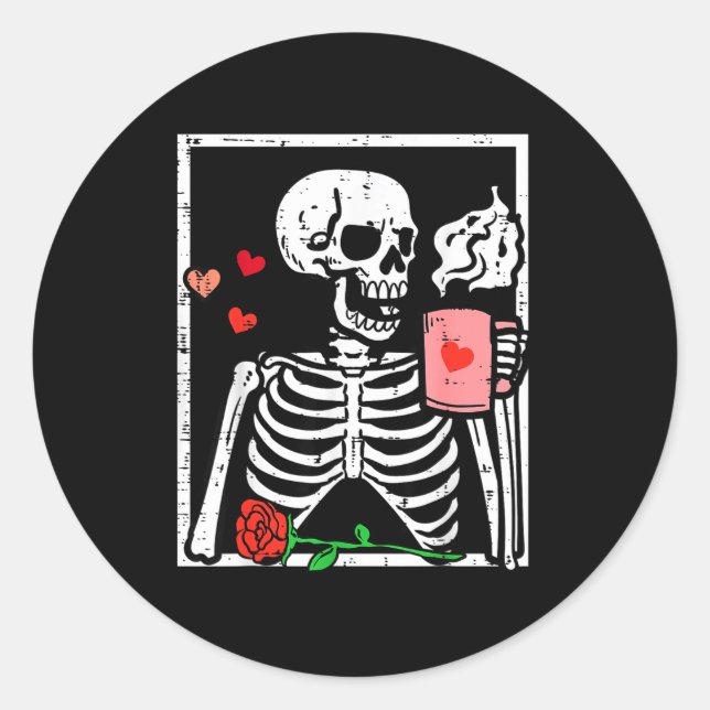 Sticker Rond Anti Valentines Day Skeleton Coffee Funny Men Wome (Devant)