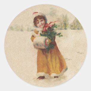 Sticker Rond Antique Fille de Noël Enfant d'hiver