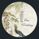 Sticker Rond Antique Look Peacock Mariage Enveloppe Seal<br><div class="desc">Élégant autocollant mariage à look antique,  avec la glycine accrochée gracieuse et une poule paon et pois. Le texte du script noir est entièrement personnalisable selon vos besoins. Jolie touche de finition à votre enveloppe de faire-part de mariage ou faveurs.</div>