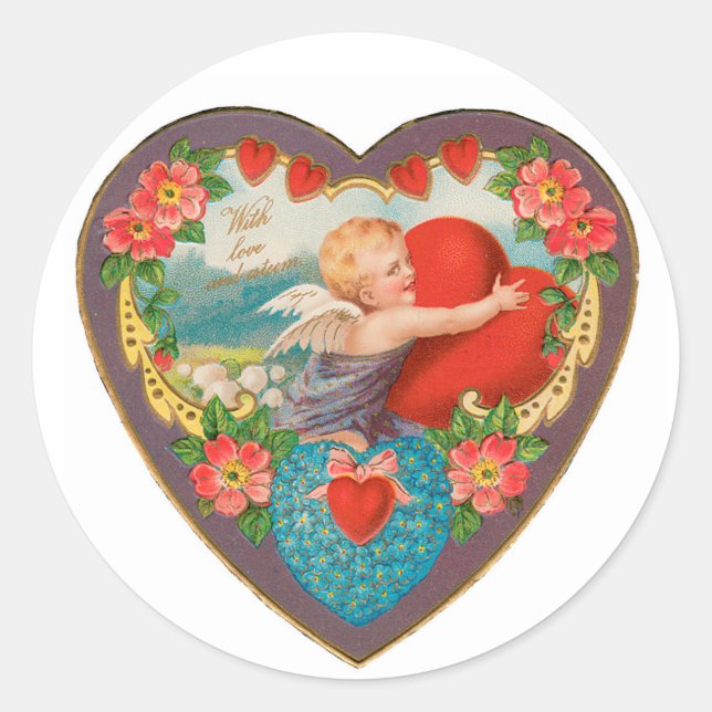Sticker Rond Antique Saint Valentin Coeur Cupidé (Devant)