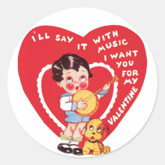 Sticker Rond Antique Valentine fille avec chiot