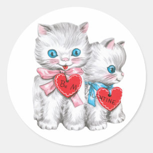 Sticker Rond Antique Valentine Kittens Coeur