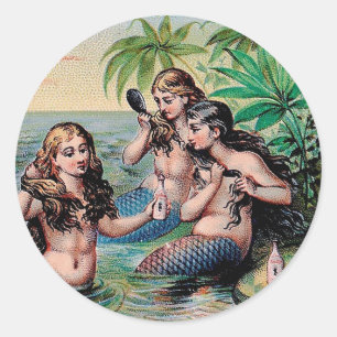 Sticker Rond Antique Victoriens Sirènes Trésor Navire Vintage