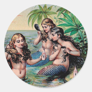 Sticker Rond Antique Victoriens Sirènes Trésor Navire Vintage