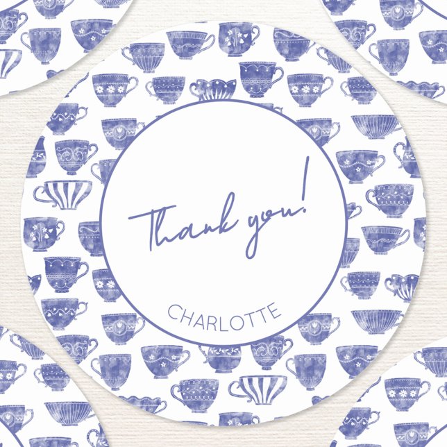 Sticker Rond Antique Vintage Tea Party Thank You (Antique vintate blue watercolor teacup tea party personalized custom name text thank you sticker)