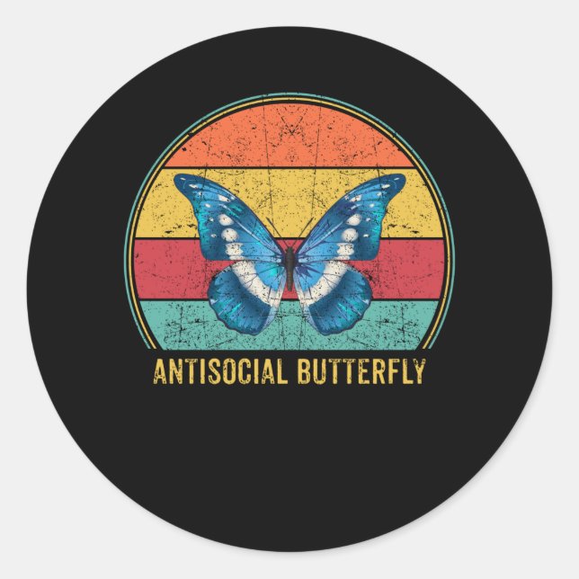 Sticker Rond Antisocial Butterfly Vintage Retro Introvert (Devant)