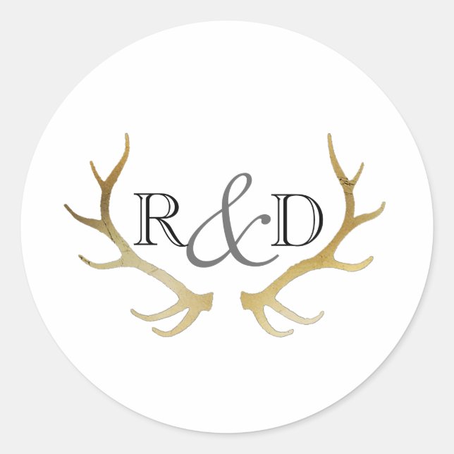 Sticker Rond Antler en or rustique | Mariage initial élégant (Devant)