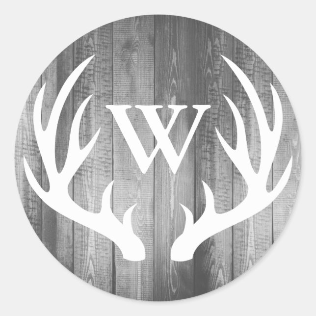 Sticker Rond Antlers de Cerfs Rustiques Gris Gris Grange Bois | (Devant)