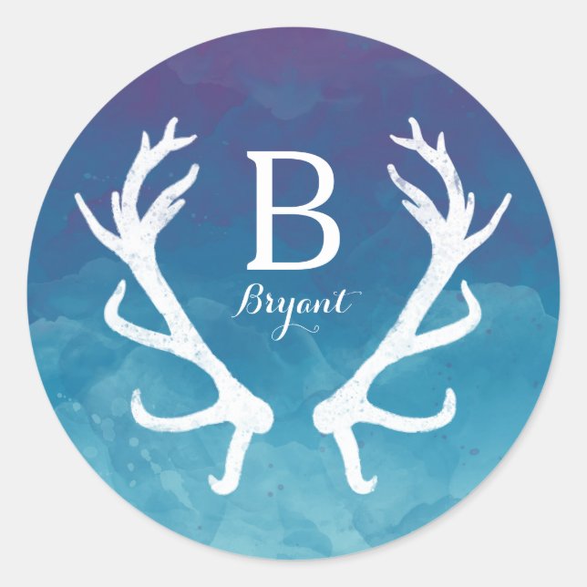 Sticker Rond Antlers de cerfs rustiques Monogramme Aquarelle bl (Devant)
