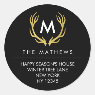 Sticker Rond Antlers de Noël Monogramme Adresse de retour