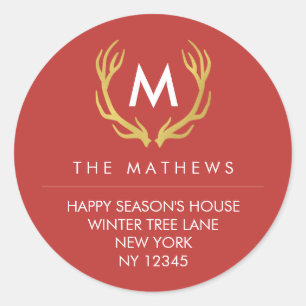 Sticker Rond Antlers de Noël Monogramme Adresse de retour