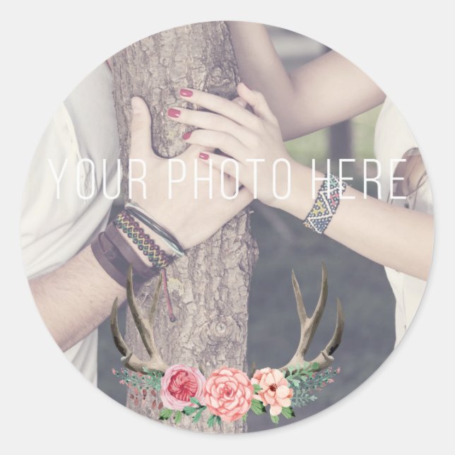 Sticker Rond Antlers Floraux Souvenir de Mariage Rustique Photo (Devant)