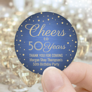 Sticker Rond ANY Birthday Cheers Brushed Blue and Gold Confetti