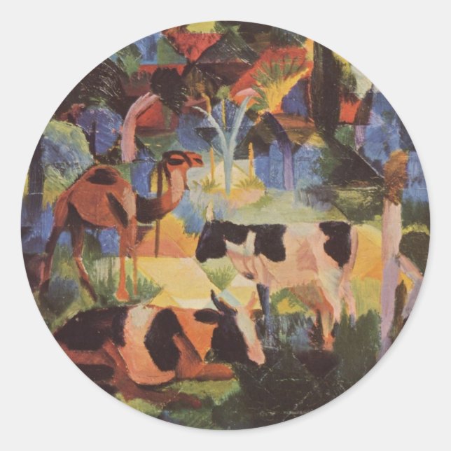 Sticker Rond Août Macke Paysage avec vaches et chameau (Devant)