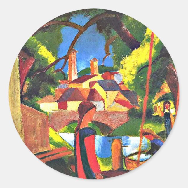 Sticker Rond Août Macke peinture, Enfants à la Fontaine, (Devant)
