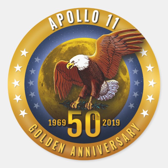 Sticker Rond Apollo 11 50th Anniversary Golden Eagle and Moon. (Devant)