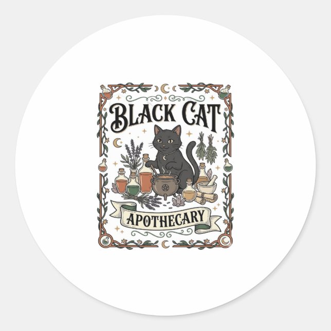 Sticker Rond Apothicaire Chat Noir Chat Sorcière Mystique Apoth (Devant)