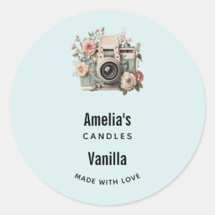Sticker Rond Appareil photo avec Fleurs Rétro Pastel Bougie Ent