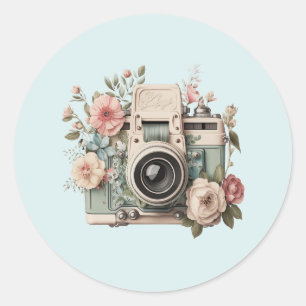 Sticker Rond Appareil photo avec image rétro pastel de fleurs