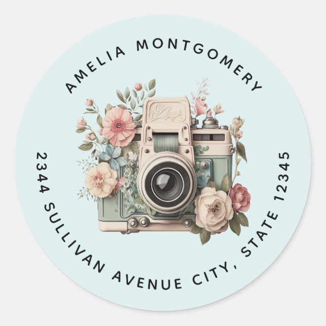 Sticker Rond Appareil photo avec image rétro pastel de fleurs - (Devant)
