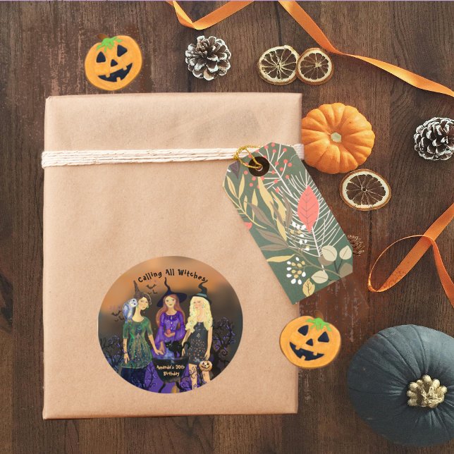 Sticker Rond Appel à toutes les sorcières Halloween Anniversair (Calling All Witches Halloween Birthday Classic Round Sticker)