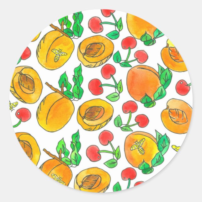 Sticker Rond Apricots de miel Cerises Aquarelle Fruit (Devant)
