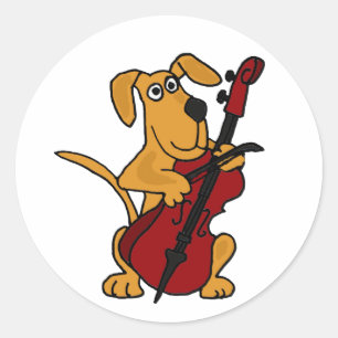 Sticker Rond AQ - Chien chiot Brown jouant au violoncelle