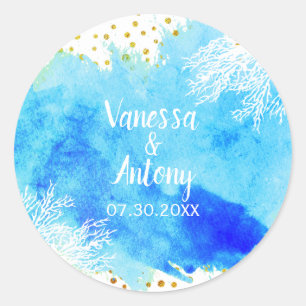 Sticker Rond Aqua aquarelle, barrière de corail, mariage de con