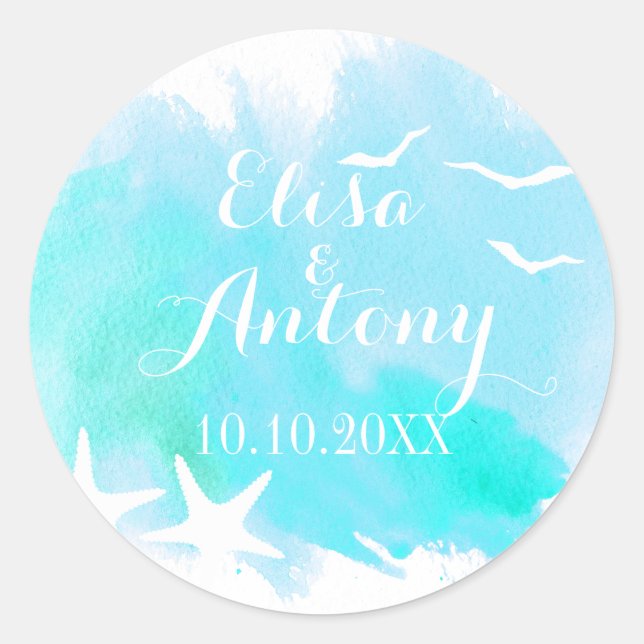 Sticker Rond Aqua aquarelle, mariage d'étoiles de mer Enregistr (Devant)