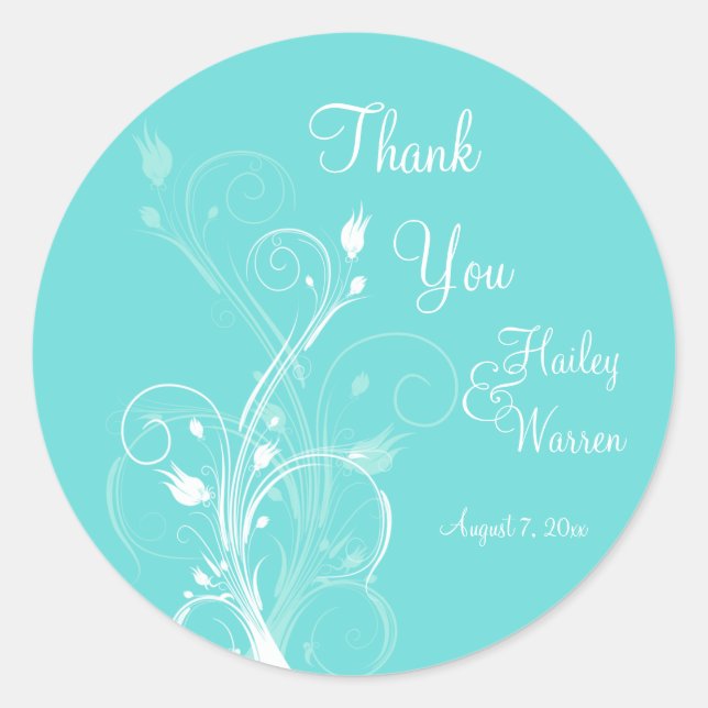 Sticker Rond Aqua Bleu et Blanc Floral Mariage Favoriser (Devant)