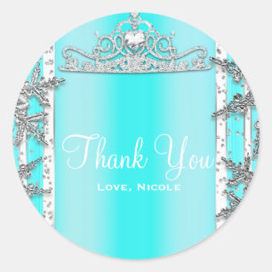 Sticker Rond Aqua Bleu & Flocons de Neige d'Hiver Argentés Swee