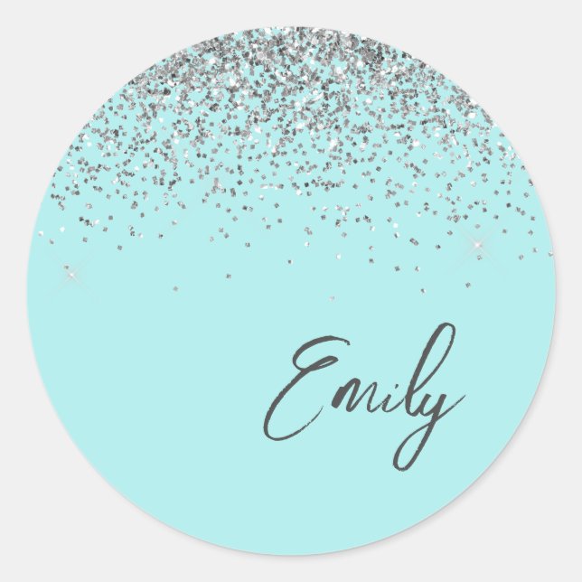 Sticker Rond Aqua bleu Turquoise Parties scintillant argent Mon (Devant)