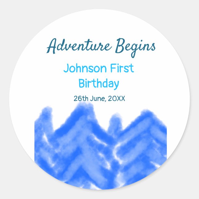 Sticker Rond Aqua blue Adventure commence 1er anniversaire mont (Devant)