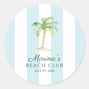 Sticker Rond Aqua Blue Cabana Stripes Palm Beach Club Favoriser