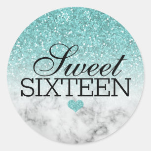 Sticker Rond Aqua Blue Faux Pailleté/Marbre Sweet 16
