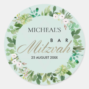 STICKER ROND AQUA BLUE FOLIAGE WREATSTAR BAR BAT MITZVAH