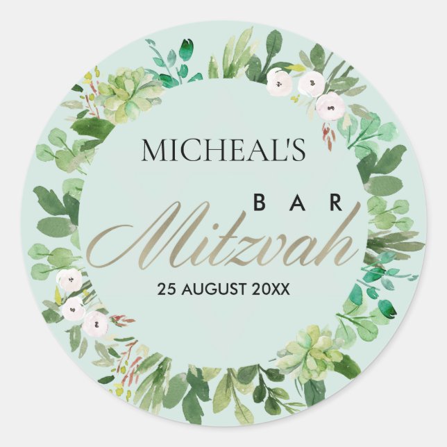 STICKER ROND AQUA BLUE FOLIAGE WREATSTAR BAR BAT MITZVAH (Devant)