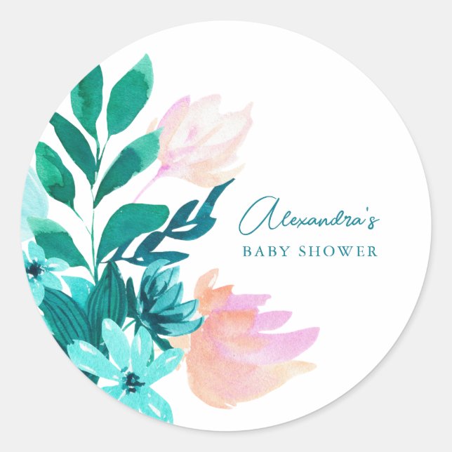 Sticker Rond Aqua Blue Green Aquarelle Baby shower Floral (Devant)