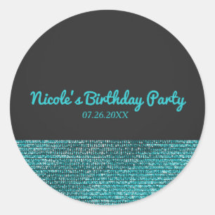 Sticker Rond Aqua Blue Moderne Glam Paillettes Faveur de Fête P
