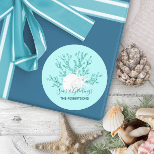Sticker Rond Aqua Blue Seas and Greetings Christmas