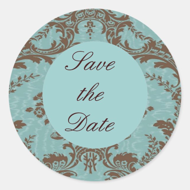 Sticker Rond Aqua Chocolate Damask Annonce de Date de Mariage (Devant)