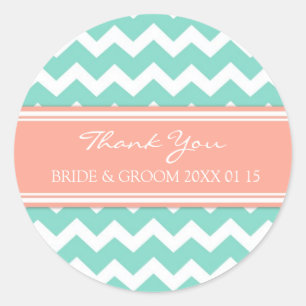 Sticker Rond Aqua Coral Chevron Merci Mariage Favor Tags