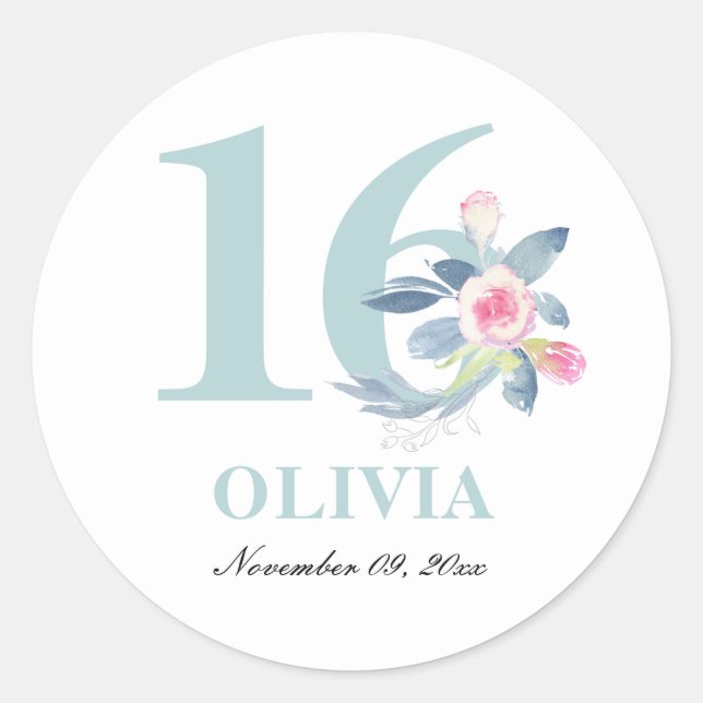 STICKER ROND AQUA DOUX BLEU BLEU FLORAL 16E TOUT ÂGE ANNIVERSAI (Devant)