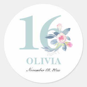 STICKER ROND AQUA DOUX BLEU BLEU FLORAL 16E TOUT ÂGE ANNIVERSAI