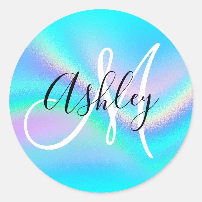 Sticker Rond Aqua Edge Rainbow Wave Ombre Foil Monogramme (Devant)